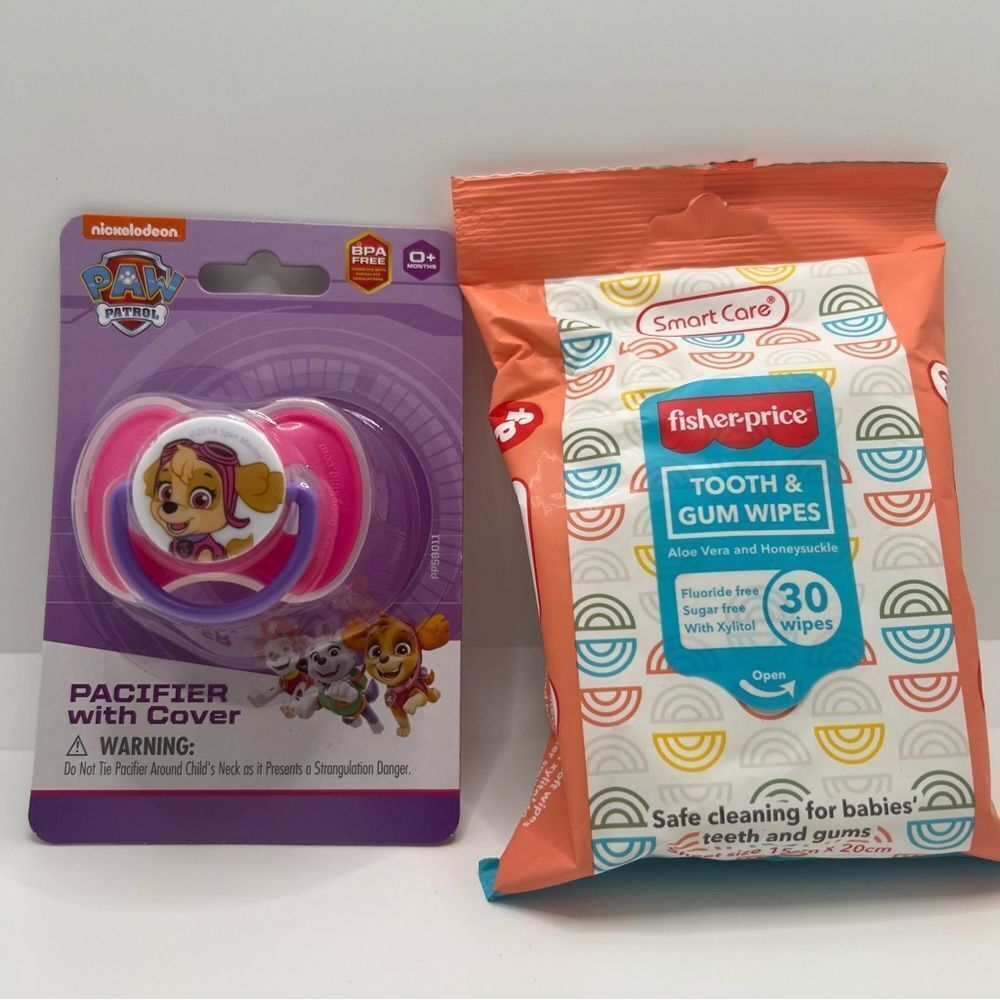 Paw Patrol Sky Pacifier With Cover Pink Fisher-Price Tooth and Gum Wipe Bundle
